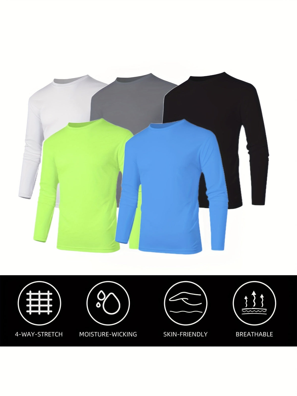 Lot de 5 t-shirts à manches longues pour homme – T-shirt de sport à séchage rapide, 100 % polyester, anti-humidité, S-3XL, idéal pour la course, l'entraînement, la randonnée, le golf et le quotidien