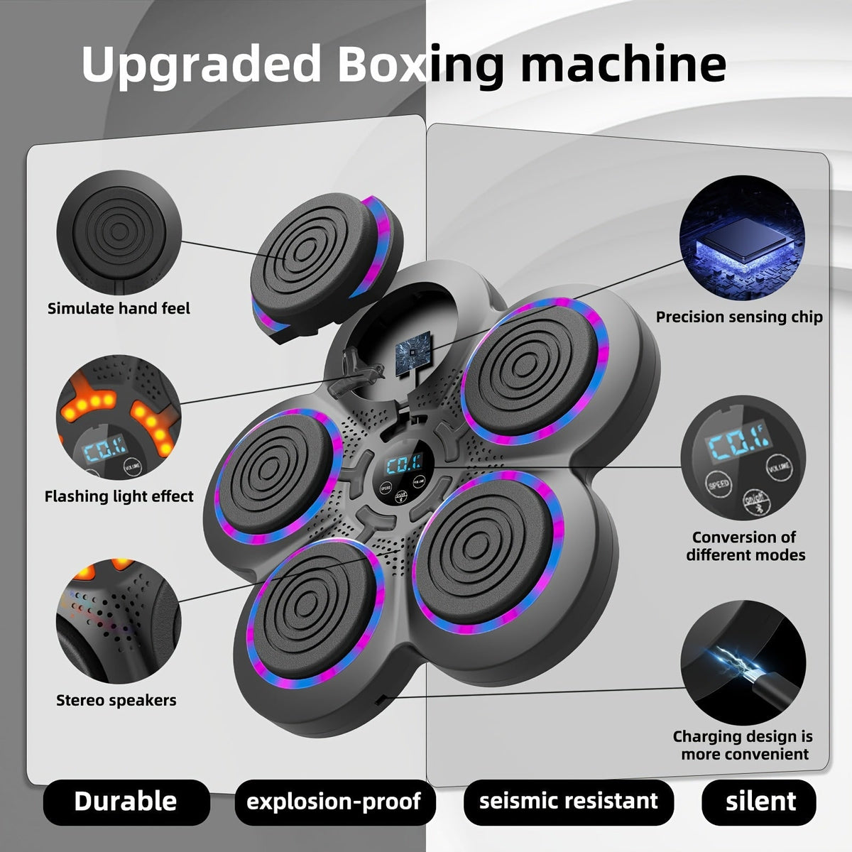 Machine de boxe musicale intelligente, fixation murale, entraînement à la frappe sans fil – Guidage par lumières LED, haut-parleur Bluetooth, appareil de cardio pour salle de sport à domicile et cible de réflexes anti-stress pour adultes et enfants