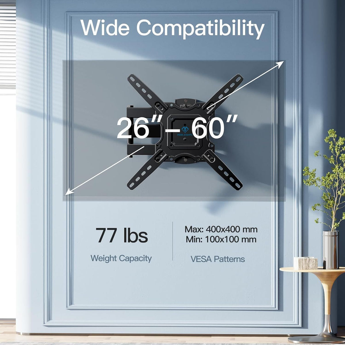 Support mural articulé pour téléviseur de 26 à 60 pouces jusqu'à 35 kg, pivotant, inclinable et extensible, support TV en acier inoxydable, VESA max 400x400 mm, compatible avec la plupart des téléviseurs à écran plat et incurvé