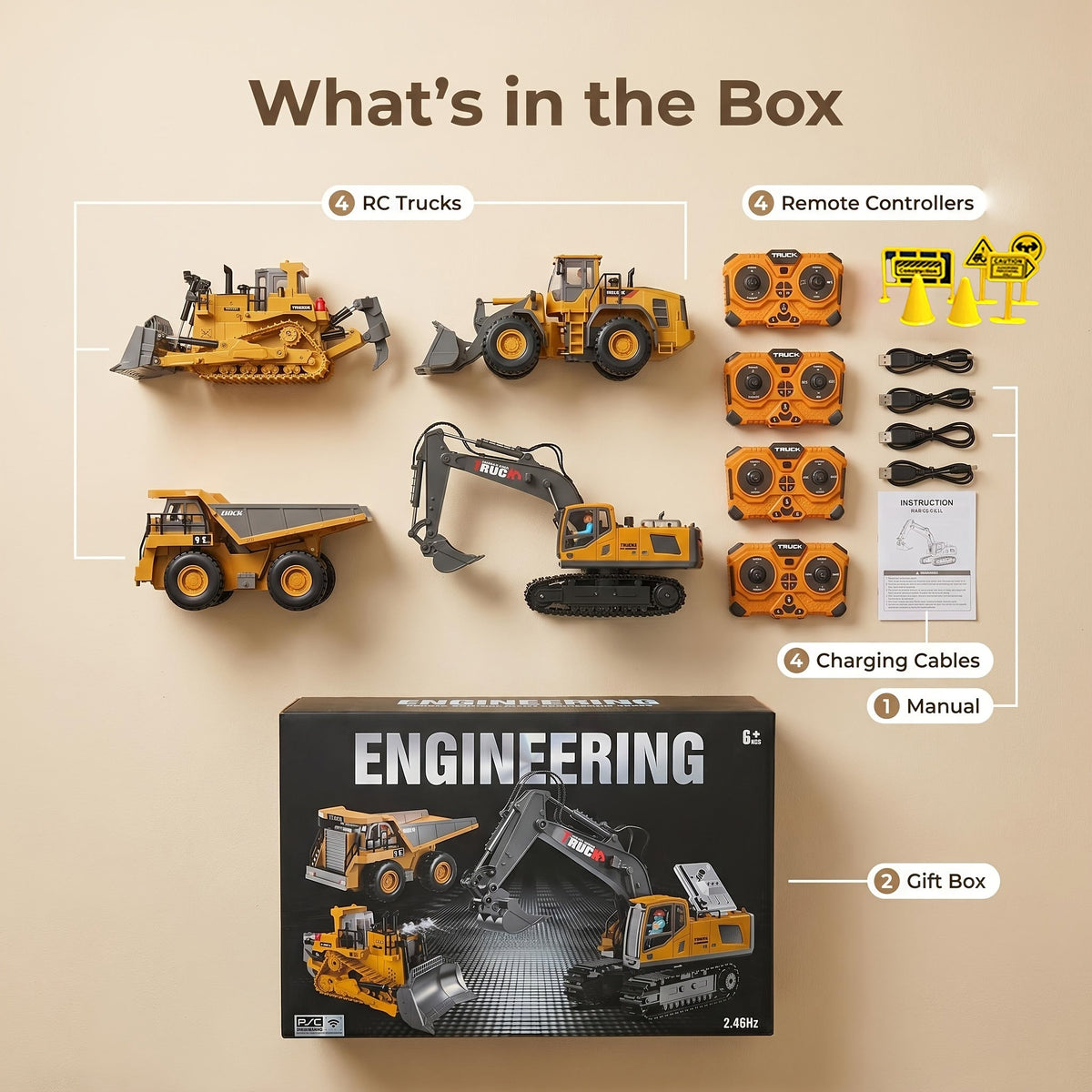 Coffret cadeau véhicule de chantier radiocommandé 4-en-1 - Excavatrice, camion benne et bulldozer télécommandés 2,4 GHz à 11 canaux, jouets de construction en alliage et plastique pour enfants, garçons et débutants
