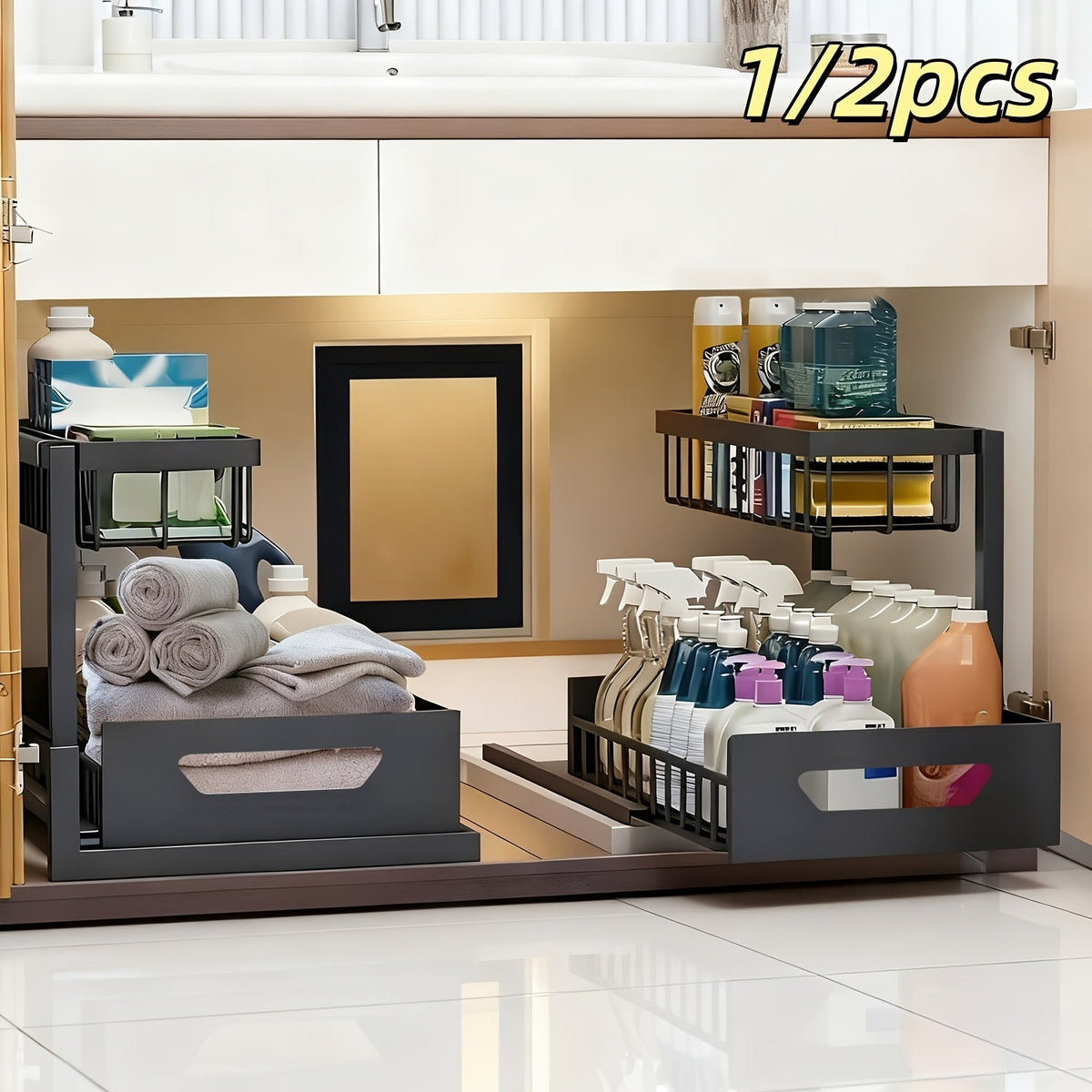 Organisateur sous évier à 2 niveaux, tiroir coulissant en métal pour rangement de cuisine, salle de bain ou plan de travail, accessoires de rangement et étagère.