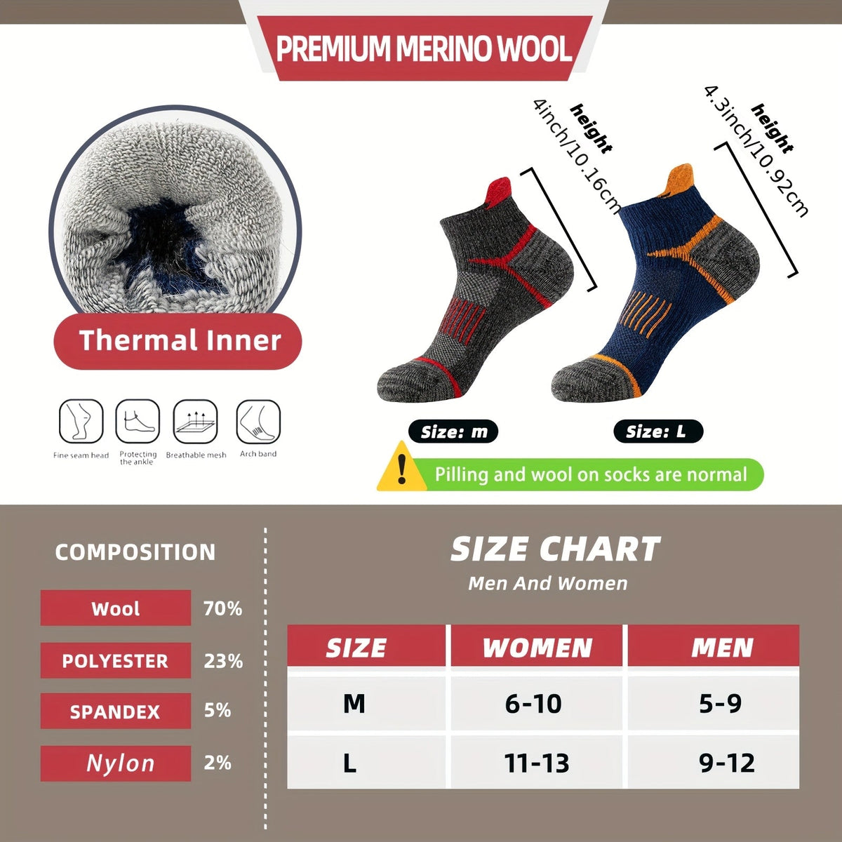 Lot de 6 paires de chaussettes de randonnée en laine mérinos pour hommes et femmes, chaussettes de course et de travail à cheville rembourrée avec soutien de compression, design invisible, respirant et absorbant l'humidité – Excellente idée cadeau