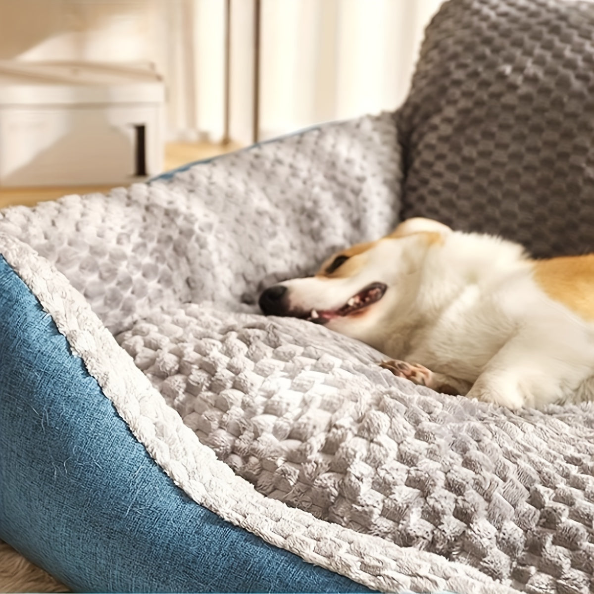 Canapé-lit de luxe en peluche pour animaux avec dossier haut – Panier pour chiens et chats épais, chaud et lavable, confort toutes saisons, housse facile à nettoyer, tailles S L XL, bleu gris