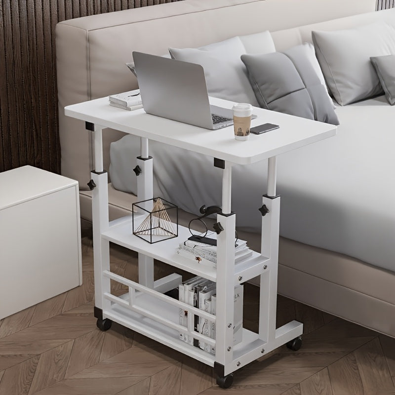 Bureau pliant à roulettes à 3 niveaux, hauteur réglable, plateau extensible, étagère de rangement pour ordinateur portable, bureau à domicile, chambre, salon, table d'ordinateur