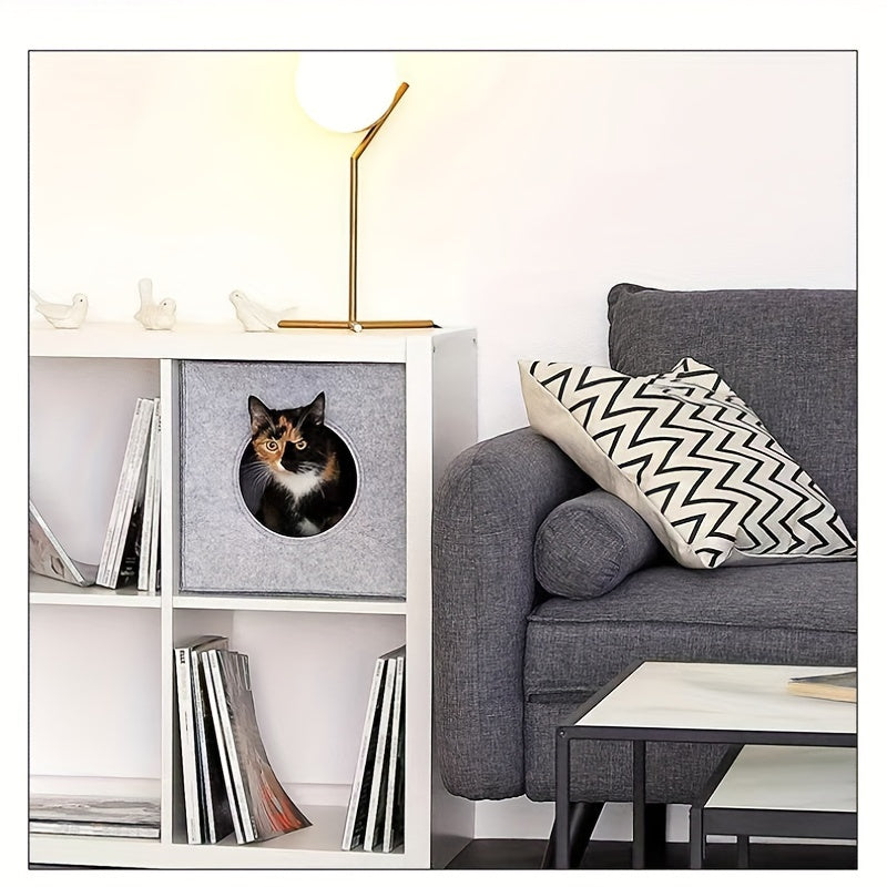 Panier pour chat carré en feutre, pliable et lavable en machine – Maison pour chat semi-fermée de 3 mm d'épaisseur, ne s'affaisse pas, grotte pour chat toutes saisons pour dormir et jouer, 33 x 37 x 33 cm, gris foncé et gris clair