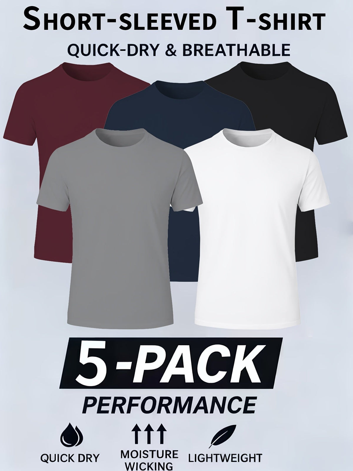 Lot de 5 t-shirts de sport pour homme à séchage rapide, respirants et anti-humidité, col rond en polyester pour la gym, la course, l'entraînement et le quotidien.