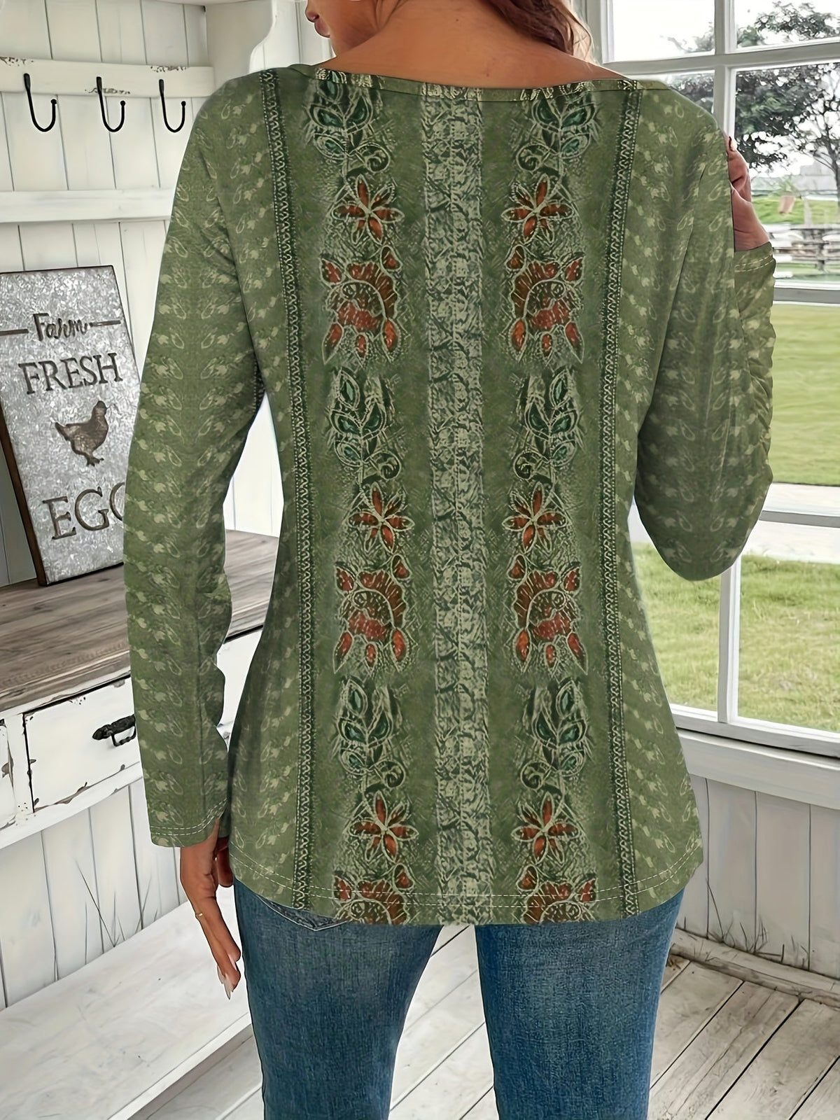 T-shirt élégant et décontracté à manches longues pour femme avec col en dentelle et imprimé floral - Chemisier en maille polyester à motif inspiré de la nature pour le printemps, l'automne, le quotidien et les tenues de bureau