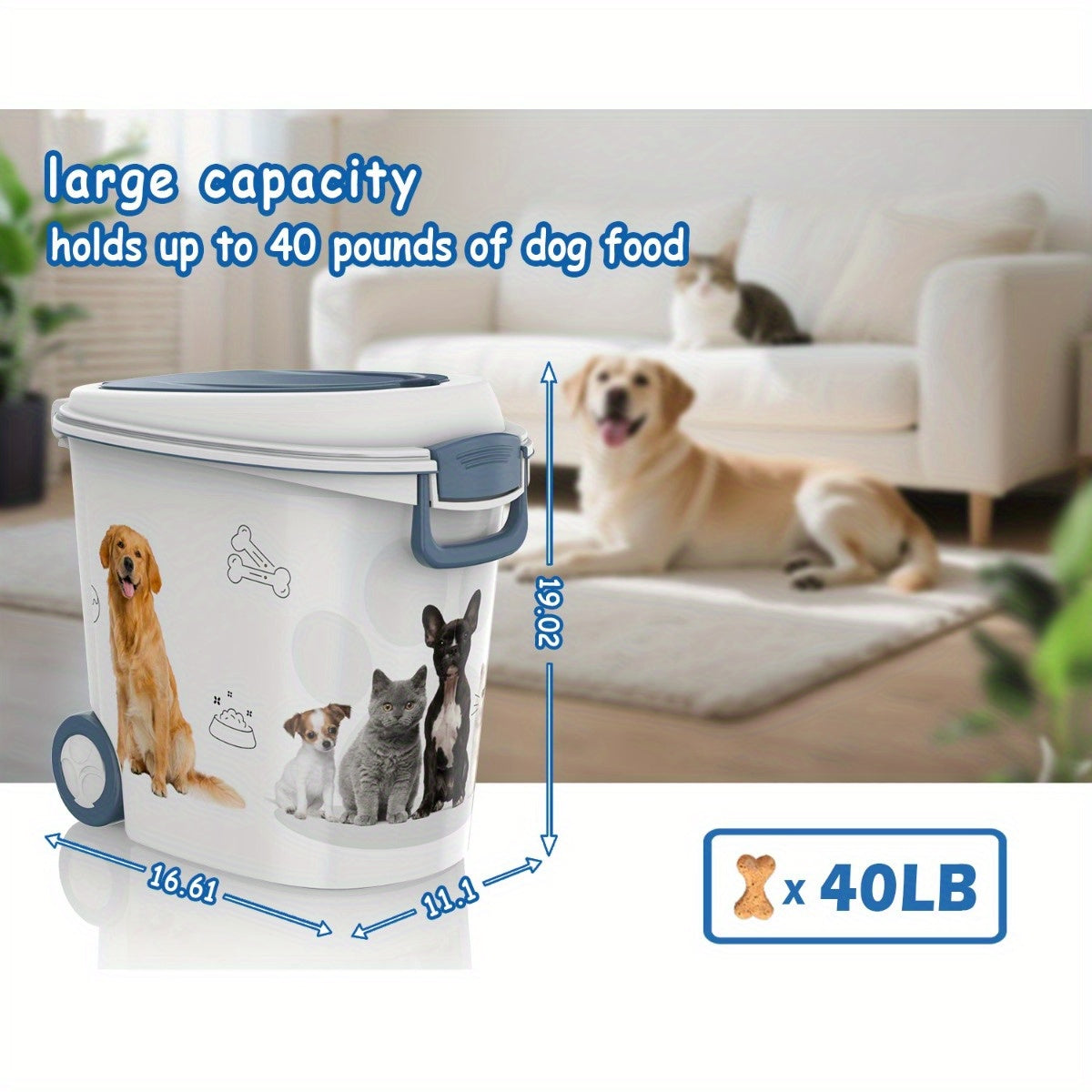 Grand ensemble de 3 récipients de stockage pour nourriture pour animaux avec gamelle anti-glouton et cuillère doseuse – Bac de conservation hermétique, anti-humidité et anti-insectes pour croquettes pour chiens et chats, favorise la digestion