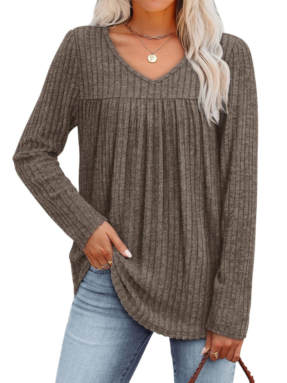 Haut-pull à manches longues et col en V pour femme – Chemisier décontracté et léger à pli frontal, chemise élégante et ample, plusieurs couleurs, tailles S à XXL