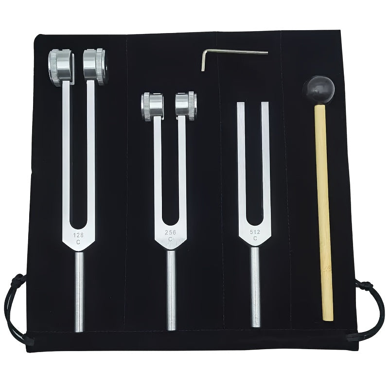 Ensemble de diapasons pour la guérison des chakras 128Hz 256Hz 512Hz - Diapasons de thérapie sonore en alliage d'aluminium pour la méditation, la guérison énergétique et la relaxation, inclut maillet, clé et pochette en velours