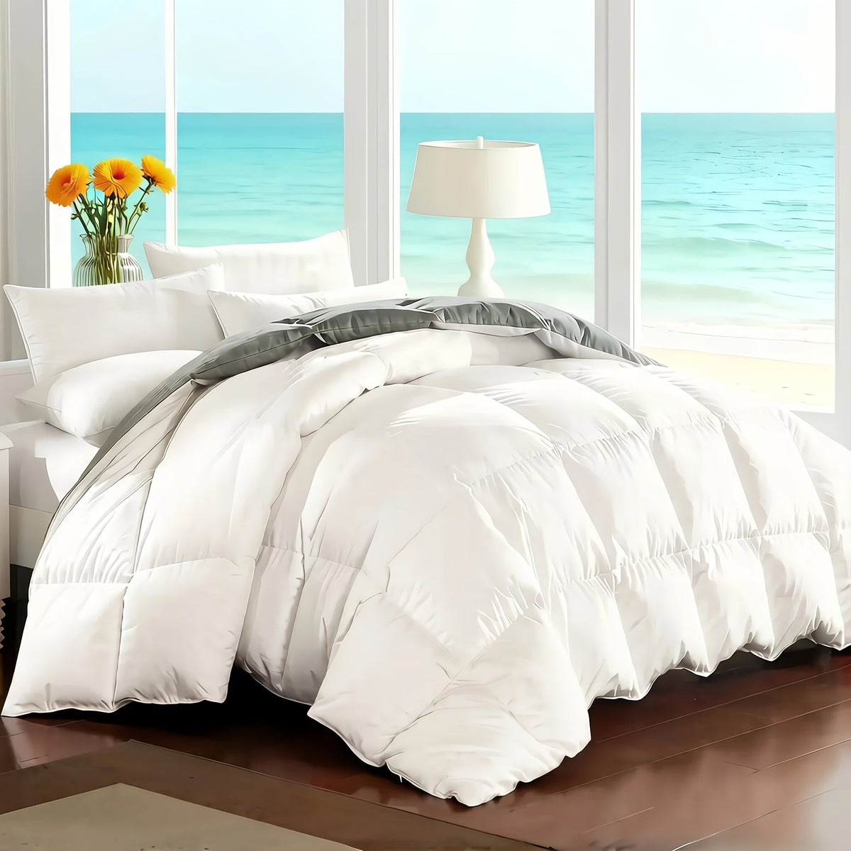 Ensemble de literie 7 pièces pour lit Queen/King – Parure de lit en microfibre douce à plis pincés, comprenant une couette, un drap-housse, un drap plat et 4 taies d'oreiller, ensemble de literie toutes saisons pour la maison et le dortoir