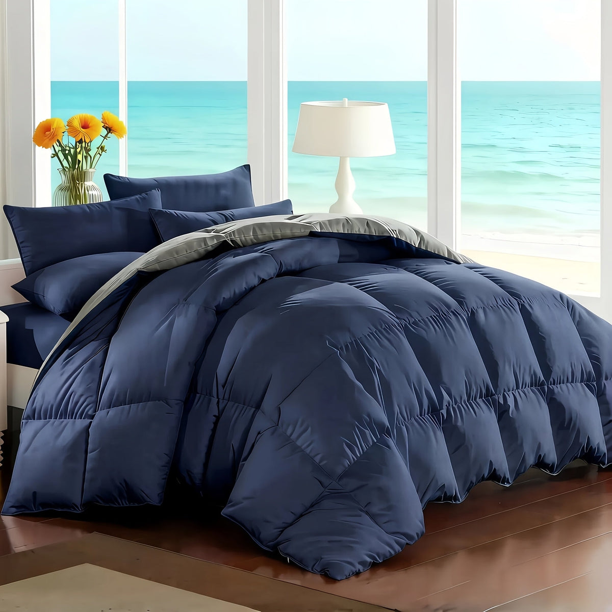 Ensemble de literie 7 pièces pour lit Queen/King – Parure de lit en microfibre douce à plis pincés, comprenant une couette, un drap-housse, un drap plat et 4 taies d'oreiller, ensemble de literie toutes saisons pour la maison et le dortoir