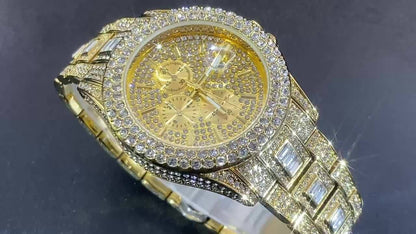 Montre à quartz de luxe avec strass pour hommes et femmes – Montre hip-hop étanche avec date automatique en or et argent, cadran en zircon cubique scintillant, parfaite pour les fêtes et le quotidien