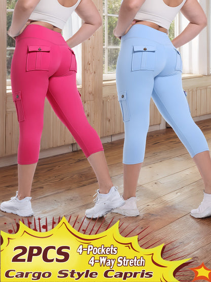 Pantalon de yoga Capri taille haute, lot de 2 – Legging en élasthanne extensible dans les 4 sens, gainant et galbant, avec 4 poches, pantacourt de sport pour femme, 9 ensembles de couleurs, tailles S à XXL