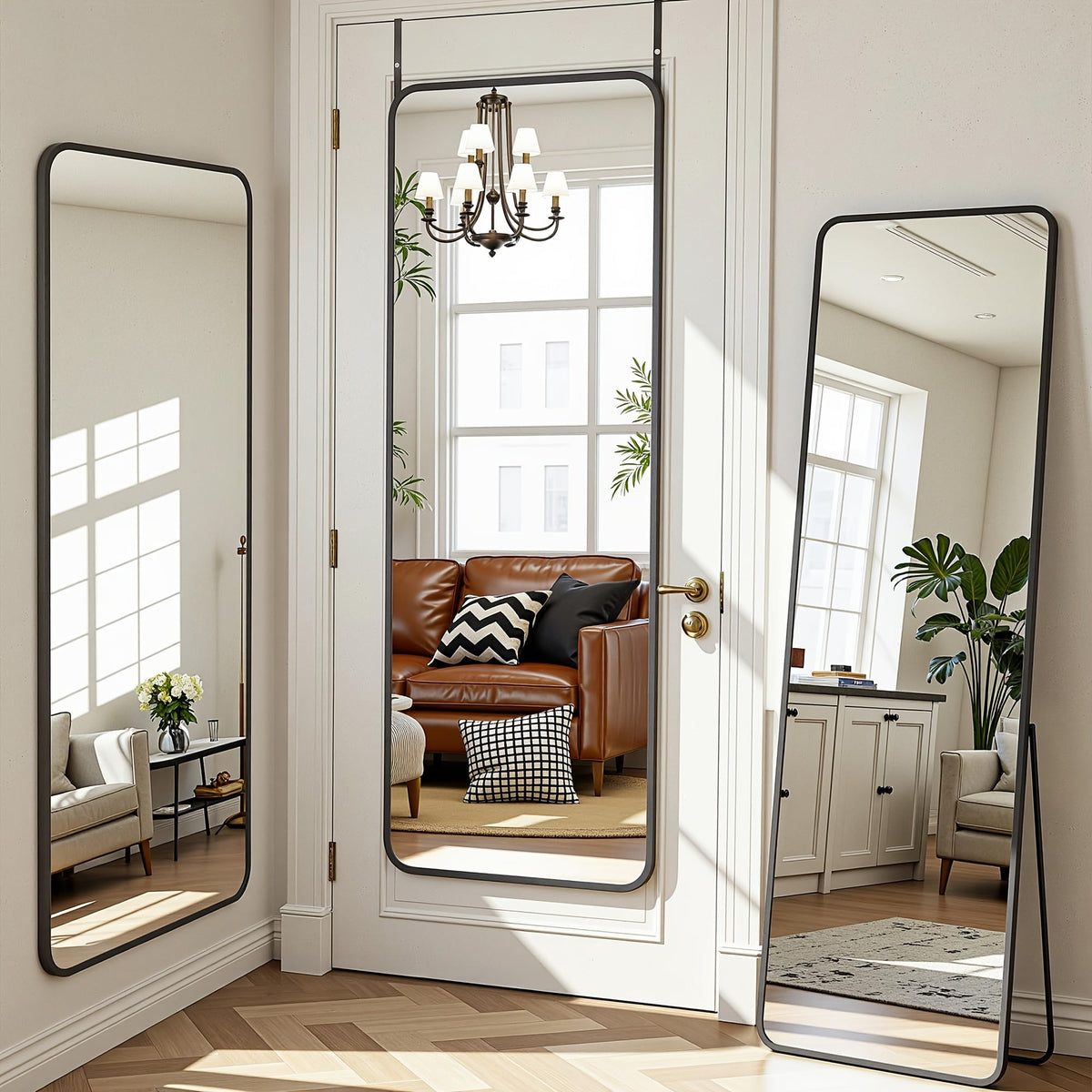 Miroir sur pied pleine longueur à sommet cintré – Miroir plein corps avec support pour chambre, salon et dressing, peut être fixé au mur, disponible en 3 tailles et 2 coloris (noir et doré)