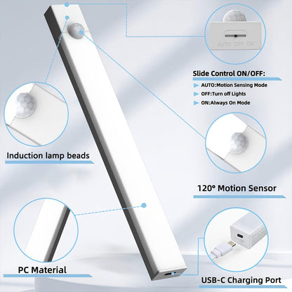 Lampe de placard LED à détecteur de mouvement rechargeable par USB – Éclairage intelligent sans fil sous meuble, intensité réglable 3 niveaux, veilleuse pour cuisine, chambre, placard, escaliers, couloir – Lot de 6 ou 3