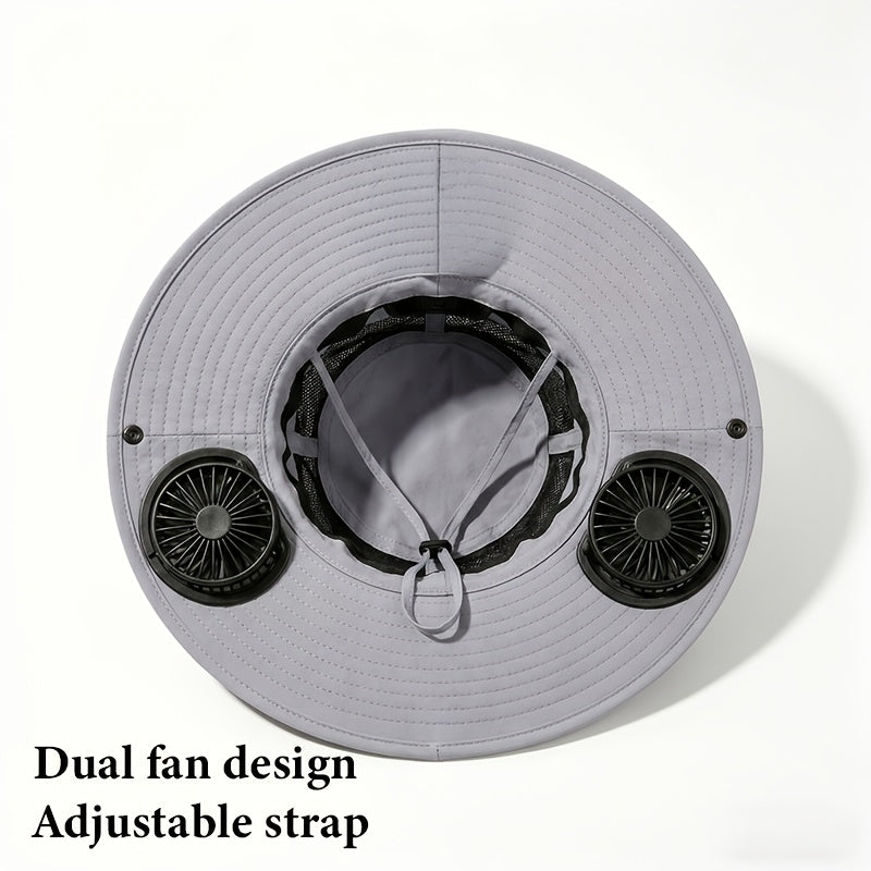 Chapeau de soleil à large bord pour homme avec 2 ventilateurs intégrés – Chapeau de pêche respirant avec protection UV pour le camping, la randonnée et la plage en été
