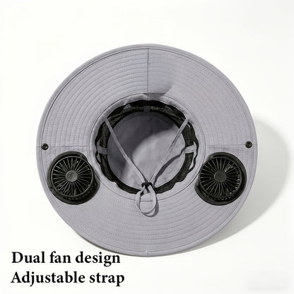 Chapeau de soleil à large bord pour homme avec 2 ventilateurs intégrés – Chapeau de pêche respirant avec protection UV pour le camping, la randonnée et la plage en été
