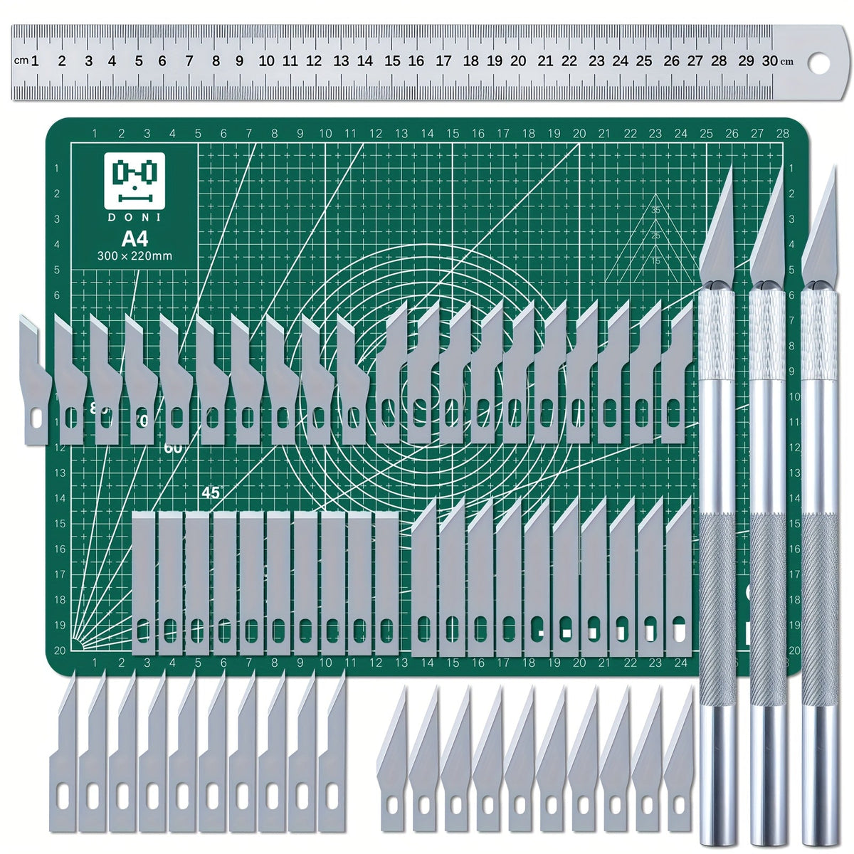 Kit de découpe de précision Exacto de 65 pièces avec tapis de découpe A4 – Ensemble de couteaux de précision avec lames et règles de découpe pour modélisme papier, loisirs créatifs, scrapbooking, art et carterie