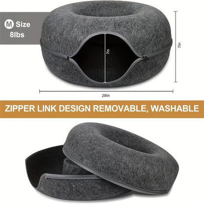 Lit tunnel pour chat, cachette d'intérieur - Tunnel pour chat en forme de beignet, pliable et utilisable en toute saison, avec ouverture pour chats d'intérieur, peluche douce, gris foncé et gris clair, disponible en 50 et 60 cm, cadeau idéal pour chat