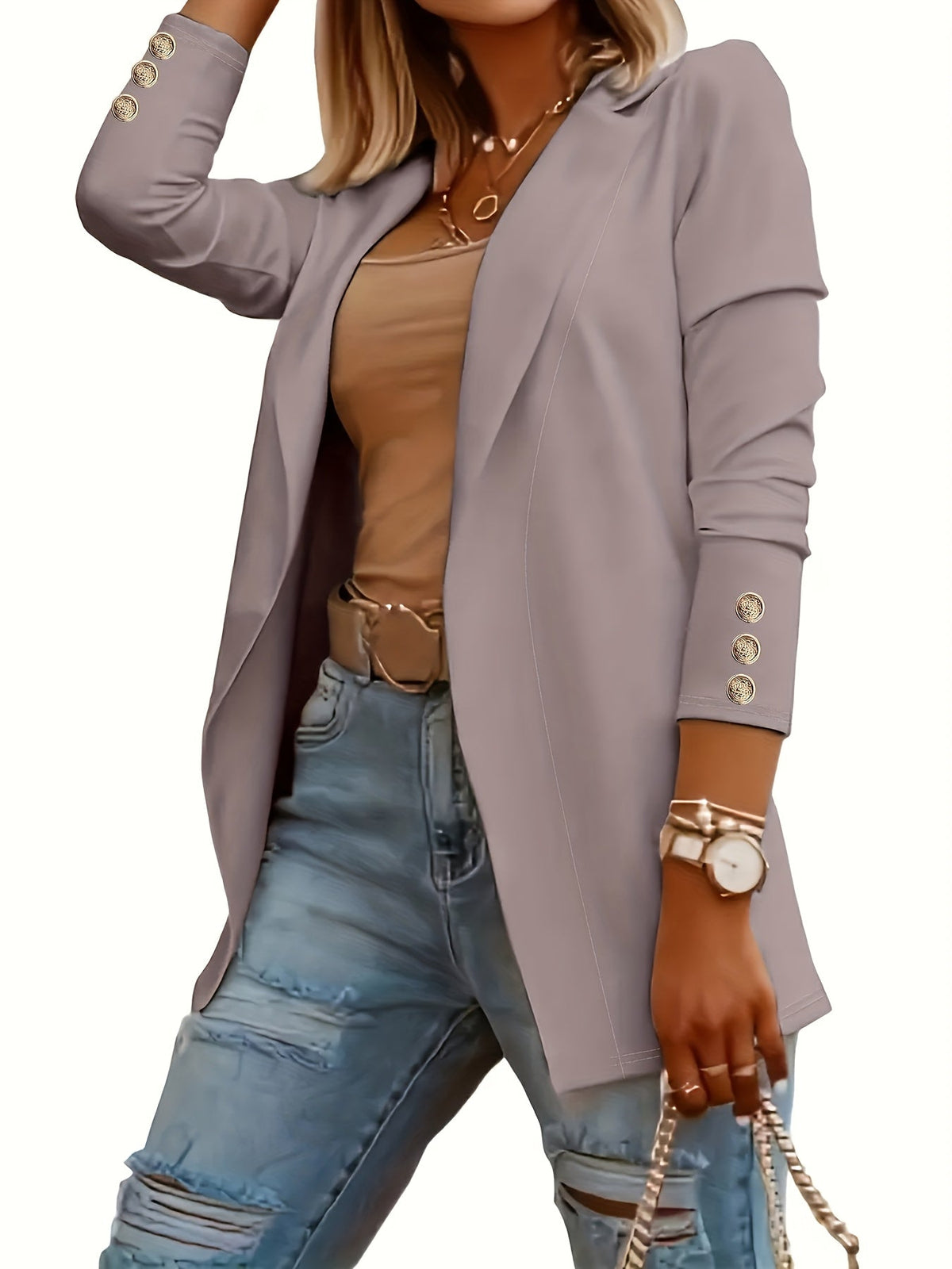 Manteau cardigan pour femme couleur unie longueur midi col à revers manches longues bouton décoratif devant ouvert pull cardigan en maille