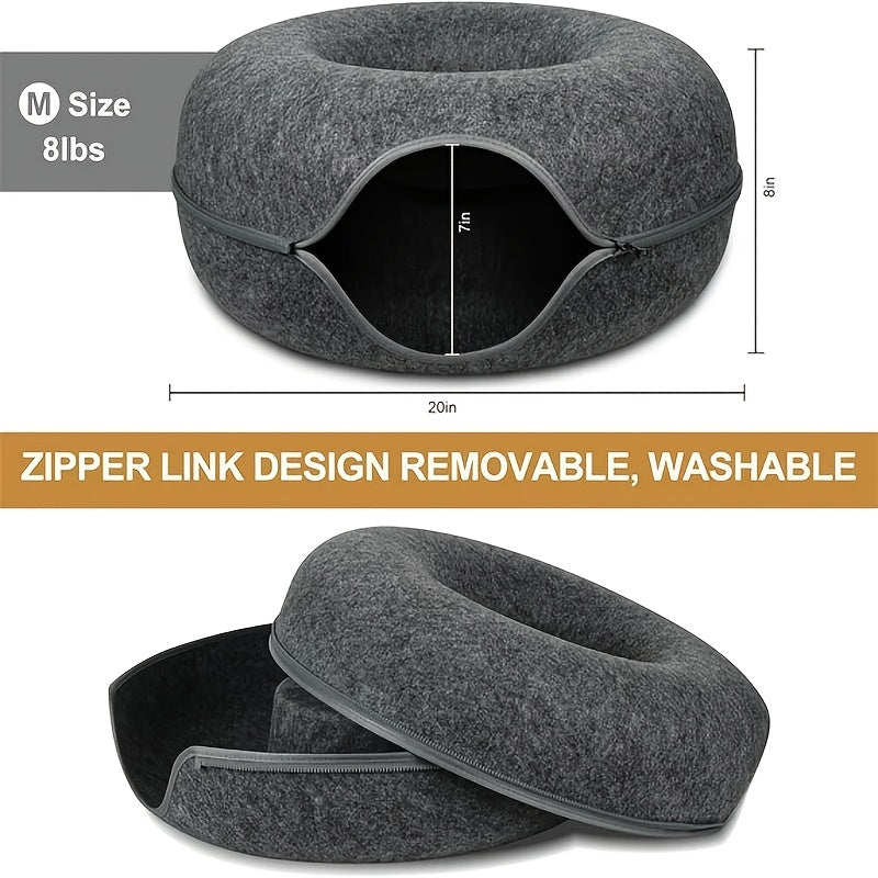 Lit tunnel pour chat, cachette d'intérieur - Tunnel pour chat en forme de beignet, pliable et utilisable en toute saison, avec ouverture pour chats d'intérieur, peluche douce, gris foncé et gris clair, disponible en 50 et 60 cm, cadeau idéal pour chat
