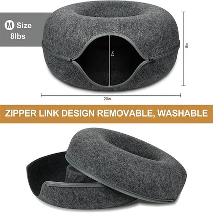 Lit tunnel pour chat, cachette d'intérieur - Tunnel pour chat en forme de beignet, pliable et utilisable en toute saison, avec ouverture pour chats d'intérieur, peluche douce, gris foncé et gris clair, disponible en 50 et 60 cm, cadeau idéal pour chat