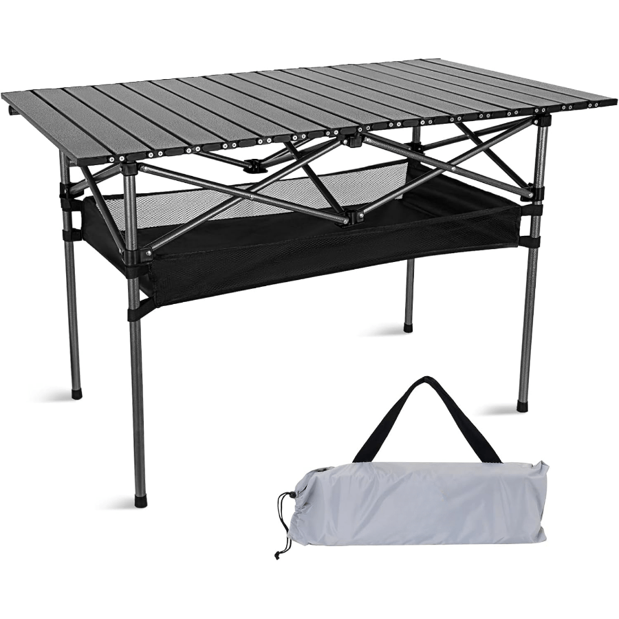 Table de camping pliante portable, table d'extérieur légère et rétractable avec sac de transport, pieds robustes, grande surface plane pour pique-nique, barbecue, plage, randonnée, hayon, design compact et durable, tailles L et XL