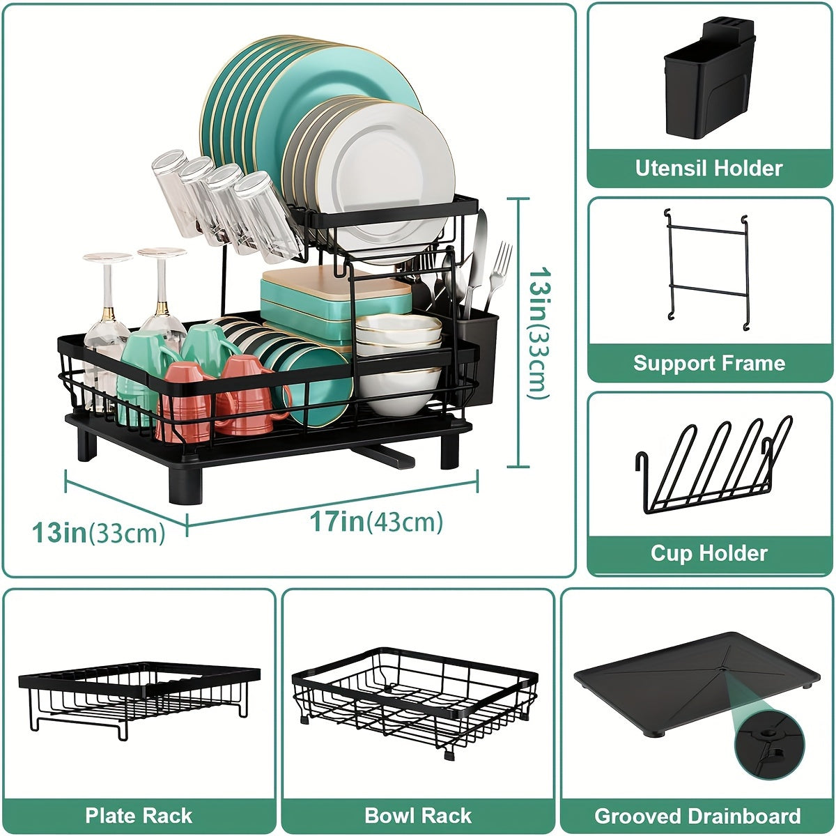 Égouttoir à vaisselle à 2 niveaux avec plateau d'égouttage et porte-ustensiles amovible – Égouttoir grande capacité pour comptoir de cuisine, égouttoir pour vaisselle, ustensiles de cuisine et couverts – Design peu encombrant
