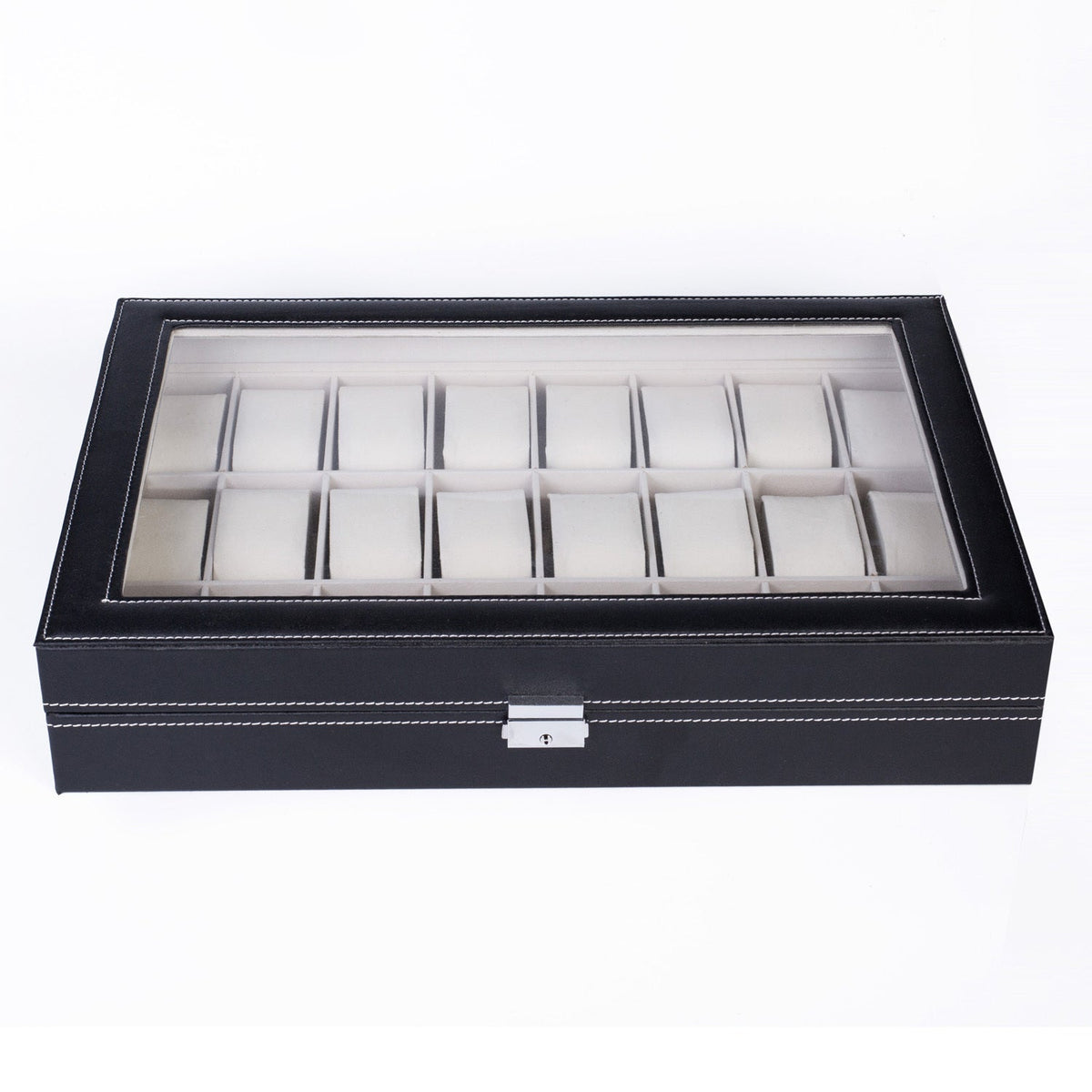 Boîte de rangement pour 24 montres en cuir – Présentoir grande capacité avec couvercle à ouverture par le haut, coffret verrouillable pour hommes et femmes, élégant écrin de collection en cuir PU noir