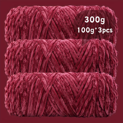 Fil chenille velours, lot de 3 pelotes de 300 g (3 x 100 g), laine douce et épaisse pour tricot et crochet, 47 couleurs, idéal pour débutants, artisanat de luxe pour pulls, écharpes, bonnets, poupées, sacs, amigurumi et projets DIY