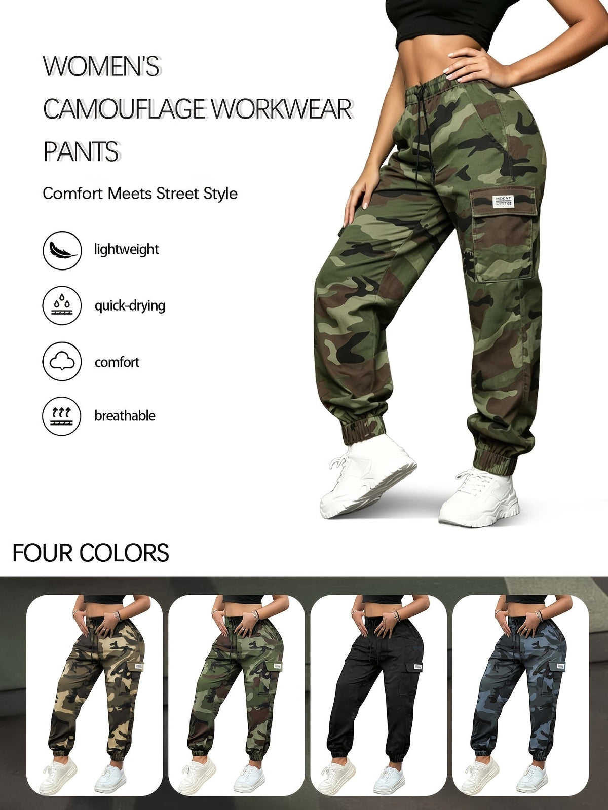 Pantalon cargo camouflage pour femme – Pantalon long décontracté pour la randonnée et le plein air, léger et respirant, multipoches, taille élastique, XS-XXL, camouflage
