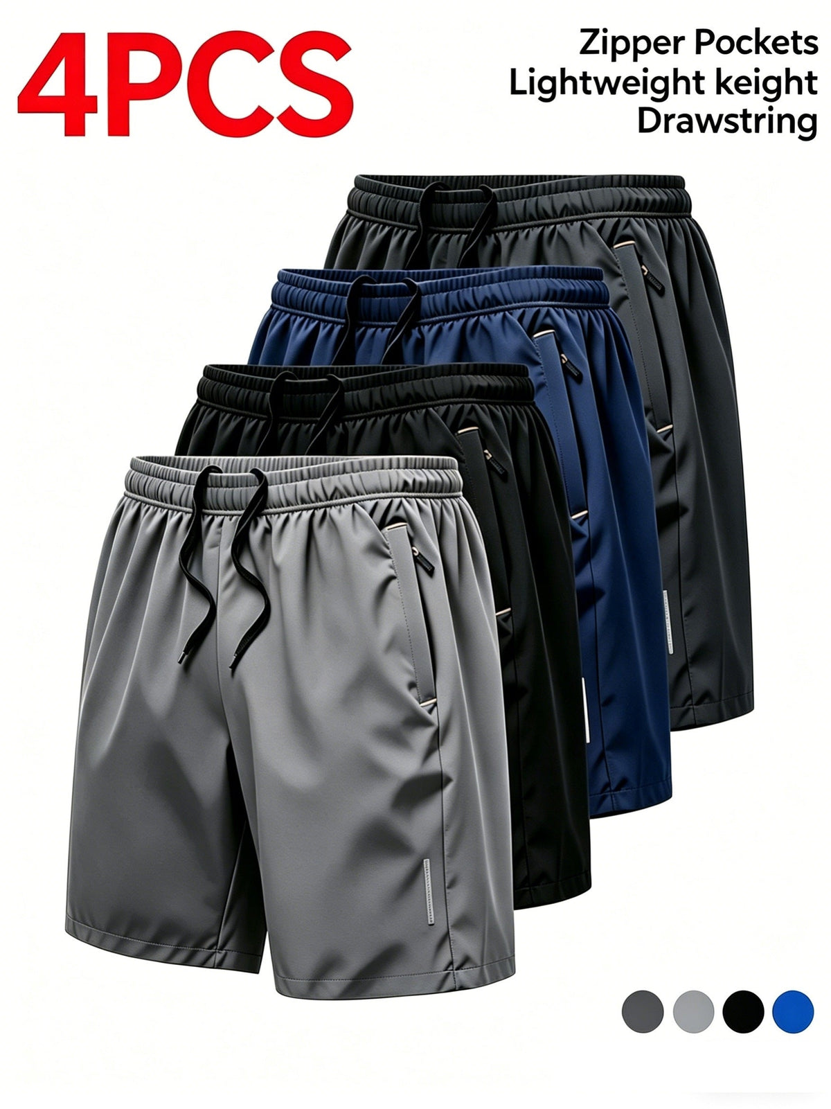 Lot de 4 shorts de sport pour homme, séchage rapide, légers et respirants, pour salle de sport, course à pied, entraînement, poches zippées, taille à cordon, coupe décontractée, fitness, cyclisme, basketball, XS-XXXL
