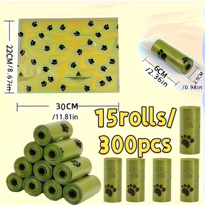 Dog Waste Bags 15 Rolls 300 Count Leak-Proof Odor-Proof - Thick Polyethylene Poop Bags with Cute Paw Print Design for Dogs & Cats, Easy-Tear Rolls, Durable Pet Waste Cleanup Bags for Walks & Outdoor Use
