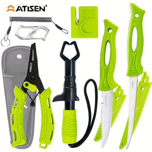Ensemble de couteaux de pêche professionnels 10/16 pièces, couteaux à fileter et à désosser avec pince Road Runner, pince à poisson, aiguiseur de couteaux, boucle rétractable, lavable au lave-vaisselle, lame en V - Cadeau pour pêcheurs