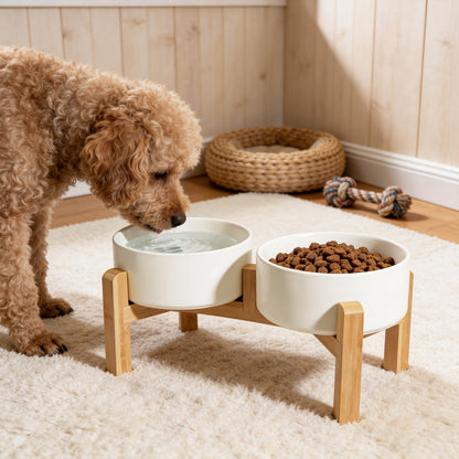 Ensemble de gamelles surélevées en céramique pour chien avec support en bambou - Double gamelle surélevée antidérapante de 850 ml pour chiens, chats et chiots, gamelle anti-glouton à hauteur réglable avec rangement (4 couleurs)