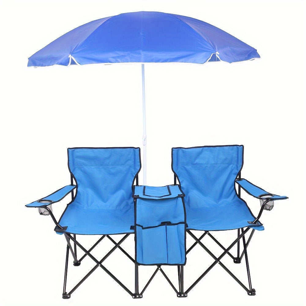 Chaise pliante d'extérieur pour 2 personnes avec parasol amovible – Canapé de camping portable avec accoudoirs pour la pêche, la plage, le bronzage et le pique-nique