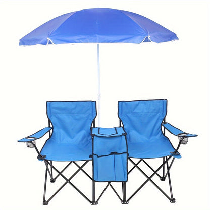 Chaise pliante d'extérieur pour 2 personnes avec parasol amovible – Canapé de camping portable avec accoudoirs pour la pêche, la plage, le bronzage et le pique-nique