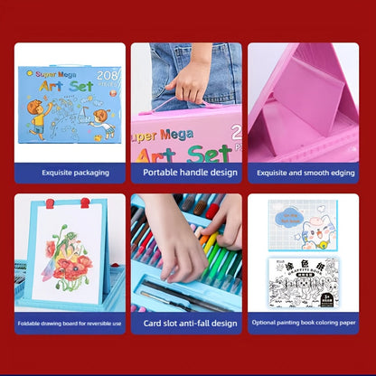 Set de 228 pièces pour activités artistiques pour enfants, kit de dessin et peinture de luxe avec pastels à l'huile, crayons de cire, feutres colorés et acryliques, pinceaux aquarelle et bloc à dessin, cadeau pour enfants