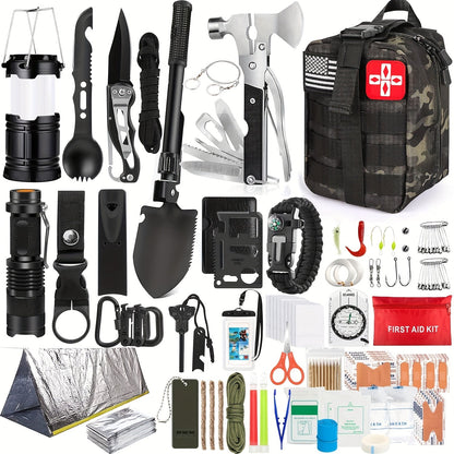 Kit de survie professionnel de 14, 152 ou 258 pièces – Équipement de survie d'urgence en plein air avec allume-feu, boussole et outil multifonction pour le camping, la randonnée et l'aventure, le meilleur cadeau pour hommes et femmes