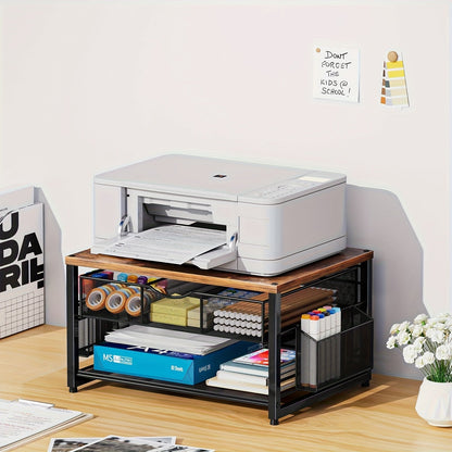 Support d'imprimante en métal pour bureau avec tiroir de rangement et 2 porte-stylos – Organisateur de bureau à 2 niveaux pour bureau à domicile, table d'imprimante polyvalente pour télécopieur, scanner et dossiers, bois et noir