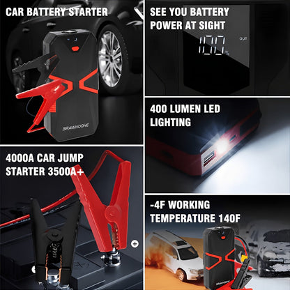 Démarreur de voiture 3000A 9-en-1 avec gonfleur de pneus intégré, ports USB et lampe de secours LED – Booster de batterie portable sans fil 12V pour voitures, camions et SUV – Outil d'urgence routière – Velora
