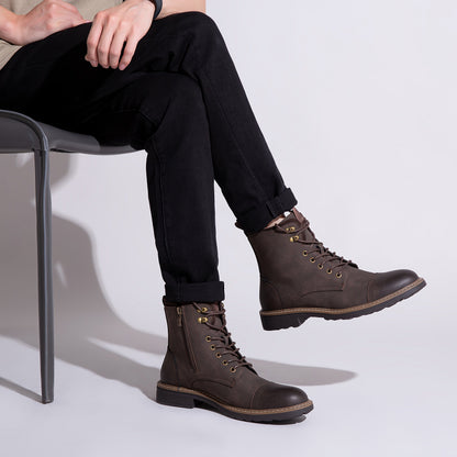 Bottes Chukka de moto pour homme – Bottines de ville en cuir véritable à lacets et fermeture éclair avec semelle antidérapante, bout renforcé, semelle intérieure rembourrée respirante, noir et marron | Velora