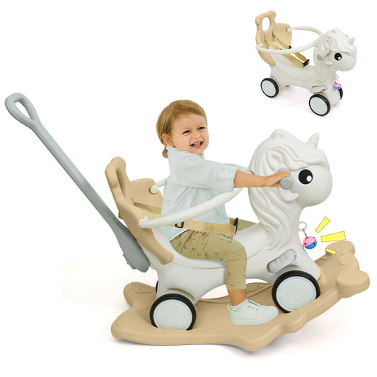 Cheval à bascule 3-en-1 pour tout-petits de 12 mois et plus - Draisienne avec poignée de poussée, plateau d'équilibre amovible, jouet à bascule pour bébés filles et garçons - Vert, bleu, rose