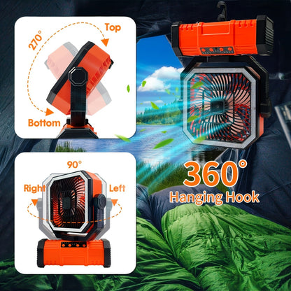 Ventilateur de camping portable 20 000 mAh avec télécommande, lumières LED, 4 vitesses et rotation à 360° – Ventilateur oscillant rechargeable sur batterie pour camping en plein air, camping-car et voyage