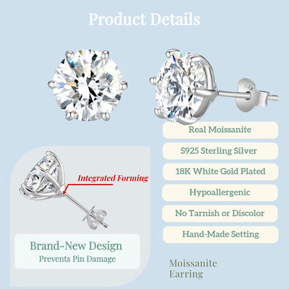 Boucles d'oreilles puces en moissanite, couleur D, pureté VVS, taille ronde brillant, argent sterling 925 – Options de 1 ct à 10 ct, pochette en velours et chiffon de polissage inclus, cadeau idéal pour un anniversaire, Noël et la Saint-Valentin (4,25 g)