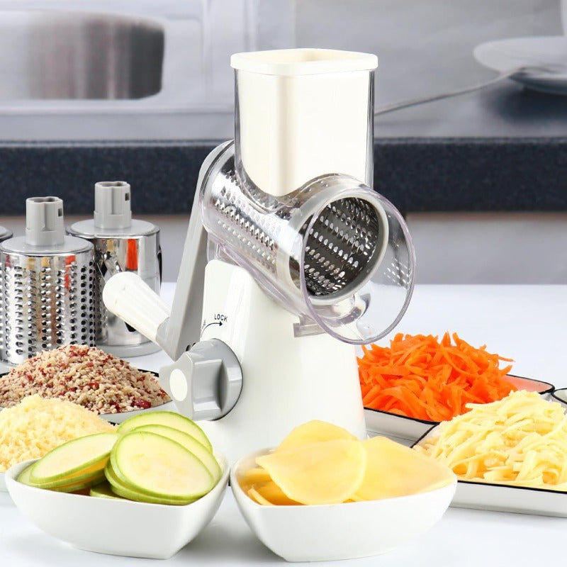 Râpe à fromage rotative manuelle avec 3 lames interchangeables - Base à ventouse antidérapante, brosse de nettoyage incluse, pour fromage frais, légumes et noix, cadeau d'ustensile de cuisine