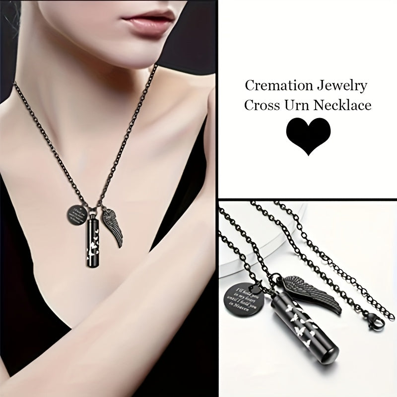 Collier urne cylindrique pour cendres - Pendentif commémoratif en acier inoxydable avec papillon et aile d'ange, bijou de crémation pour perte d'animal de compagnie ou d'être cher, pour femmes et hommes (argenté)