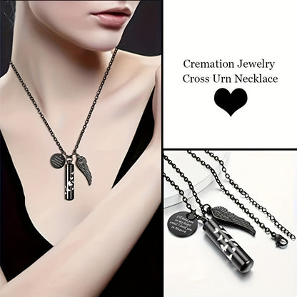 Collier urne cylindrique pour cendres - Pendentif commémoratif en acier inoxydable avec papillon et aile d'ange, bijou de crémation pour perte d'animal de compagnie ou d'être cher, pour femmes et hommes (argenté)