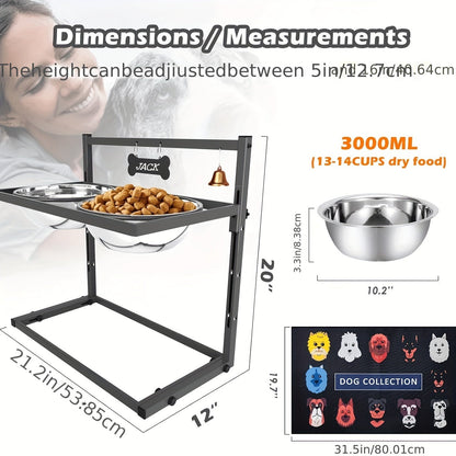 Gamelles surélevées pour grands chiens, support réglable avec 2 gamelles en inox de 3000 ml, structure en fer anti-basculement pour races très grandes